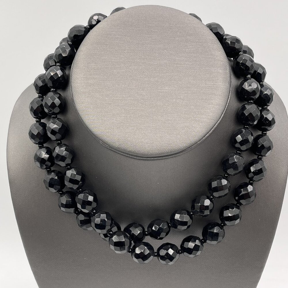 Vintage Faceted Jet Black Glass Bead Necklace 29" Art Deco Jewelry